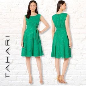 TAHARI ASL Green Floral Lace Side Tie Fit & Flare Dress Petite Size 10P